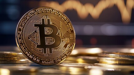 Aufkleber - Golden Bitcoin coin standing tall on a stack of coins depicting cryptocurrency investment and trading : Generative AI