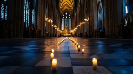 Aufkleber - Stunning view of flickering candles leading to an illuminated altar inside a grand cathedral : Generative AI