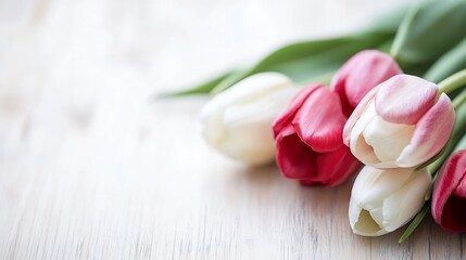 Poster - Elegant Arrangement of Fresh Red and White Tulips on a Wooden Surface in Soft Natural Light : Generative AI