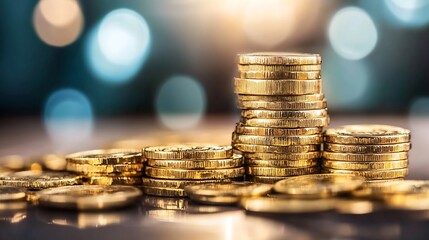 Aufkleber - Stacked gold coins shimmering with beautiful bokeh backdrop conveying wealth and prosperity : Generative AI