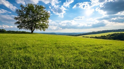 Wall Mural - Lush Green Meadow Under a Clear Sky with a Single Tree Standing Tall and Majestic in Nature : Generative AI