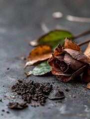 Poster - Dried rose with dark petals and surrounding soil on a rustic background representing decay and beauty : Generative AI