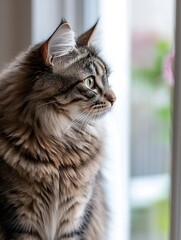 Aufkleber - Beautiful closeup of a fluffy cat looking out a window with a soft focus on its gentle fur and striking eyes : Generative AI