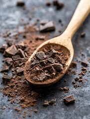 Aufkleber - Closeup view of chocolate chunks and cocoa powder arranged on a wooden spoon for baking : Generative AI