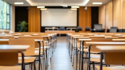 Leinwandbilder - Modern educational space showcasing empty classroom with neat rows of desks ready for learning : Generative AI