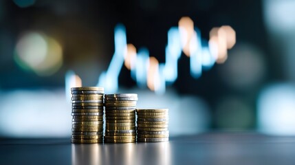 Leinwandbilder - Piles of gold coins stacked on a table with a blurred background depicting financial growth and investment trends : Generative AI