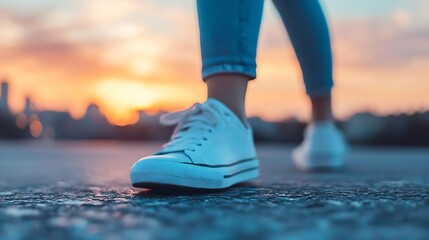 Aufkleber - CloseUp of a White Sneaker Against a Stunning Sunset in a City Environment : Generative AI