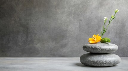 Leinwandbilder - Serene arrangement of smooth gray stones with vibrant flowers for peaceful home decor : Generative AI