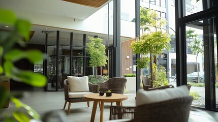 Aufkleber - Stylish interior of a modern living room featuring cozy seating arrangement and natural light through large windows : Generative AI
