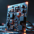 © Baby AI - It depicts a futuristic microchip with glowing orange accents, complex circuitry and electronic components that looks elevated above a high-tech motherboard.