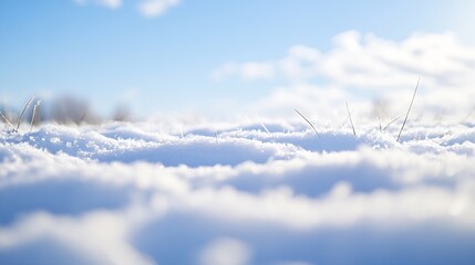 Aufkleber - Closeup view of pristine white snow covering the ground under a bright blue sky : Generative AI