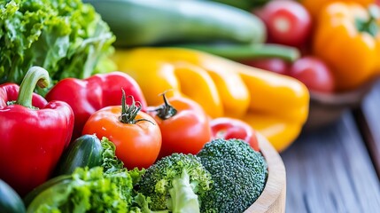 Poster - Fresh and Colorful Assortment of Vegetables in a Wooden Bowl : Generative AI