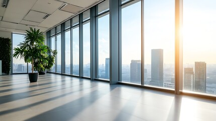 Poster - Bright modern office interior with large windows offering a stunning cityscape view : Generative AI