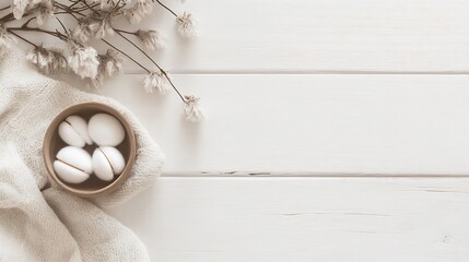 Poster - Elegant arrangement of white eggs in a bowl with dried flowers on a rustic wooden surface : Generative AI
