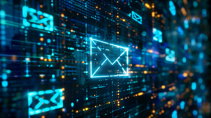 Futuristic digital email communication network with glowing neon icons representing cybersecurity encrypted messaging online data protection virtual inbox and secure internet connectivity