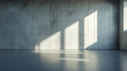 Poster - Industrial concrete wall casting geometric shadows in an empty room with soft natural light : Generative AI