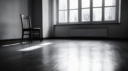 Leinwandbilder - A solitary wooden chair bathed in sunlight creates a tranquil atmosphere in an empty room : Generative AI