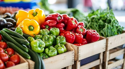 Poster - Assorted fresh bell peppers and greens beautifully displayed in a rustic wooden market : Generative AI