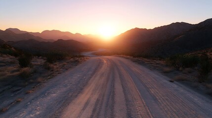 Aufkleber - Scenic Sunset Over a Dusty Road in the Mountains with Layers of Hills and Soft Light : Generative AI