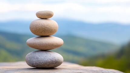 Fototapete - Balanced stack of smooth stones symbolizing tranquility and harmony in a serene natural landscape : Generative AI