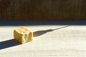 Poster - Cheddar Cheese Cube Floating in Empty Space, Casting Intricate Shadow in Minimalistic Display