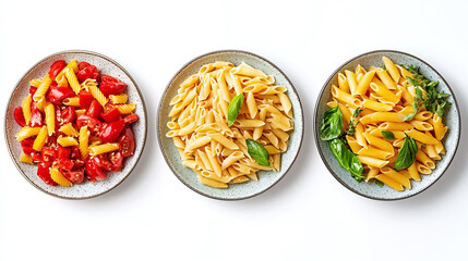 Wall Mural - Pasta primavera collection, four plates with different noodle types (penne, farfalle, fusilli) and mixed vegetables, top view, isolated on a white background.