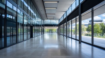 Poster - Spacious and Bright Modern Hallway with Wide Glass Windows and a Clear View of Nature Outside : Generative AI