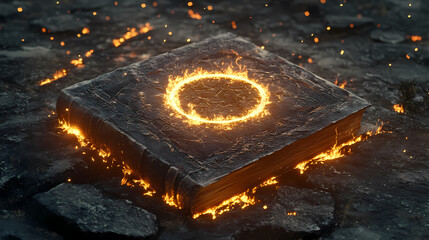 Poster - Ancient book surrounded by glowing magic circle on stone surface with embers. Mystic Occult Ritual Circle. Illustration