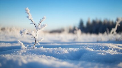Aufkleber - Frostcovered plant emerges from the snow creating a serene winter landscape with soft sunlight : Generative AI