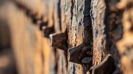 Poster - Closeup of a weathered wooden fence with metal bolts creating a rustic and textured appearance : Generative AI