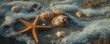 © Влада Яковенко - Starfish and seashells on sandy beach with ocean waves at sunset