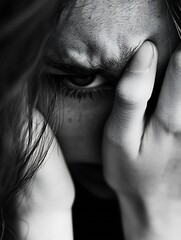 Poster - Close up of a distressed woman covering her face with her hand in black and white photography : Generative AI