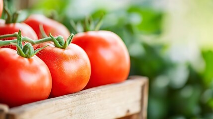 Poster - Fresh red tomatoes displayed in a wooden crate surrounded by healthy green foliage in a garden : Generative AI