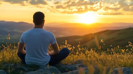 Aufkleber - Man Meditating at Sunset with Scenic Mountain View and Warm Light : Generative AI