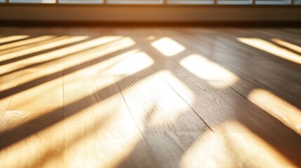 Poster - Beautiful wooden floor illuminated by soft sunlight creating artistic shadow patterns indoors : Generative AI