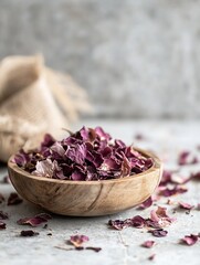 Poster - Beautifully Dried Rose Petals in a Wooden Bowl with a Minimalistic Background for Natural Aesthetics : Generative AI