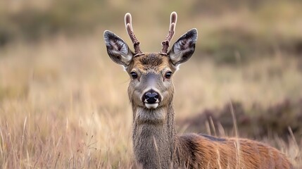 Fototapete - Closeup portrait of a young deer standing in a grassy field during the golden hour : Generative AI