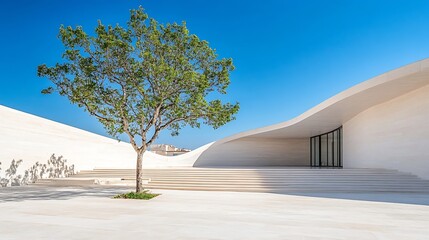 Leinwandbilder - Modern architectural design featuring a tree in front of a sleek building under clear blue sky : Generative AI