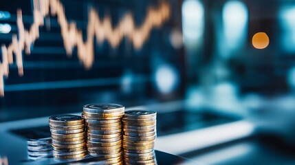 Aufkleber - Close Up of Stacked Gold Coins with Market Graph Background Showcasing Financial Growth and Investment : Generative AI