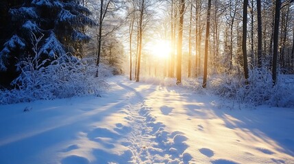 Aufkleber - Beautiful snow covered forest trail illuminated by the golden glow of the sunrise breaking through the trees : Generative AI