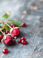Poster - Delicate arrangement of dried rose buds and vibrant red berries on rustic wooden background illustrating natural beauty : Generative AI