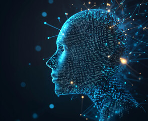 futuristic ai head composed of glowing binary code – digital portrait of artificial intelligence and