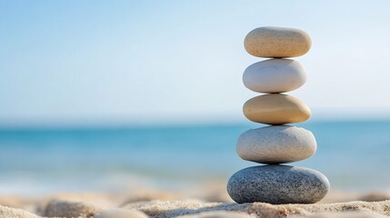 Leinwandbilder - Calm and serene stacked pebbles on sandy beach with clear blue sky and ocean in the background : Generative AI
