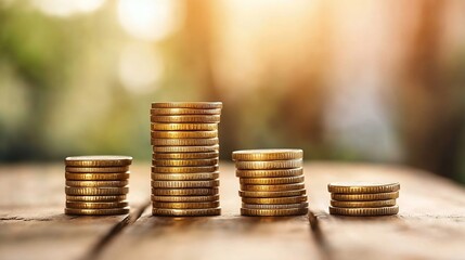 Aufkleber - Piles of golden coins stacked on wooden table with soft sunlight in the background : Generative AI