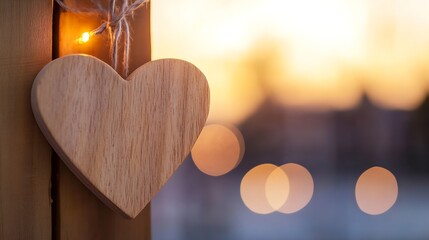 Poster - Wooden Heart Shape Ornament Hanging with Decorative Lights at Sunset : Generative AI