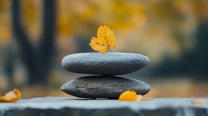 Fototapete - Balanced stones with a single leaf showcasing calmness and natural beauty in autumn : Generative AI