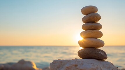 Fototapete - Balanced stack of smooth stones at sunset with ocean waves gently lapping in the background : Generative AI