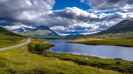 Poster - Stunning landscape view of a serene lake surrounded by majestic mountains and vibrant green hills : Generative AI