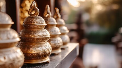 Leinwandbilder - Intricately designed golden urns displayed on a wooden shelf in soft ambient light : Generative AI