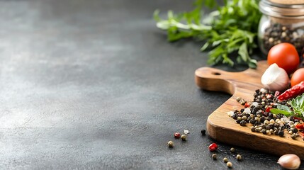 Poster - Top view of fresh herbs and spices arranged beautifully on a dark kitchen countertop : Generative AI